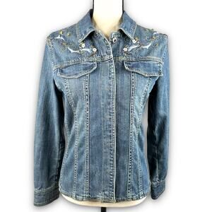 Brandon Thomas Womens Jean Denim Trucker Jacket Embellished Floral Size Small